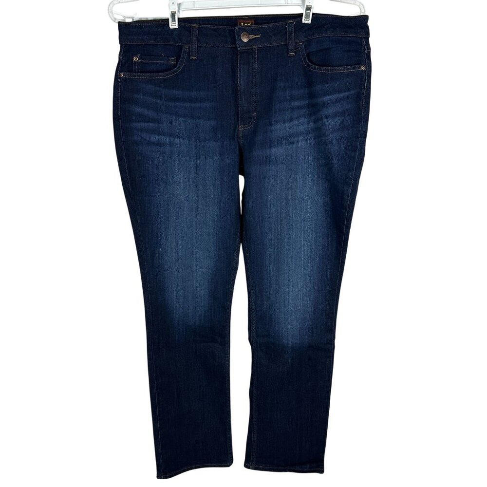 Lee Womens Straight Mid Rise Jeans Size 18 Long Dark Blue Cotton Blend Denim